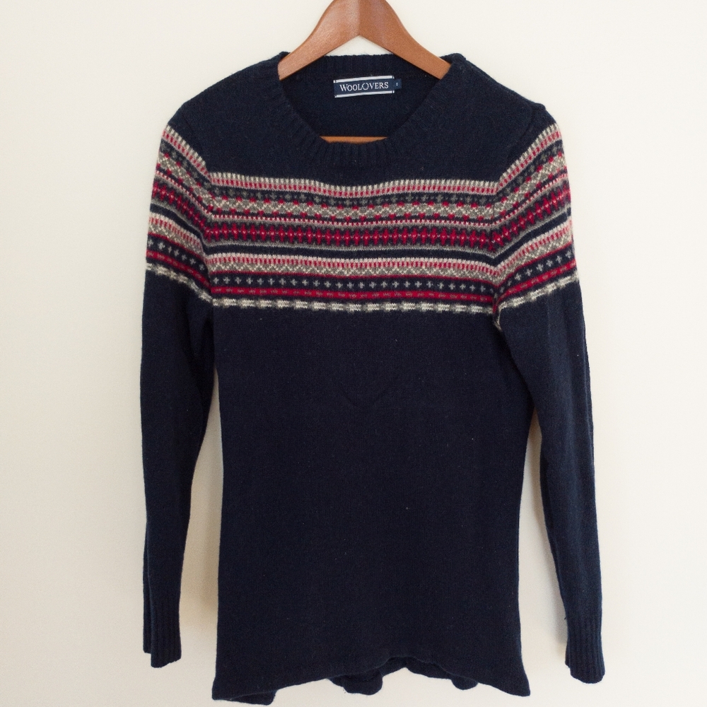 WoolOvers Pure Wool Fair Isle Yoke Crew Neck Sweater Navy Blue Red Small